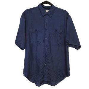 Vintage Bogari 100% Silk Shirt Navy Blue Short Sleeve Women's XL Casual Wear